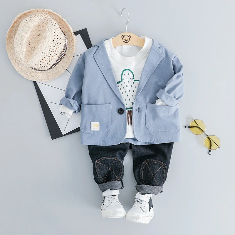 

Autumn New Arrival Newborn Baby Kids Tracksuit Cartoon Long Sleeve T-shirt Casual Blazer Coat Jeans 3pcs Little Boys Sets 2019