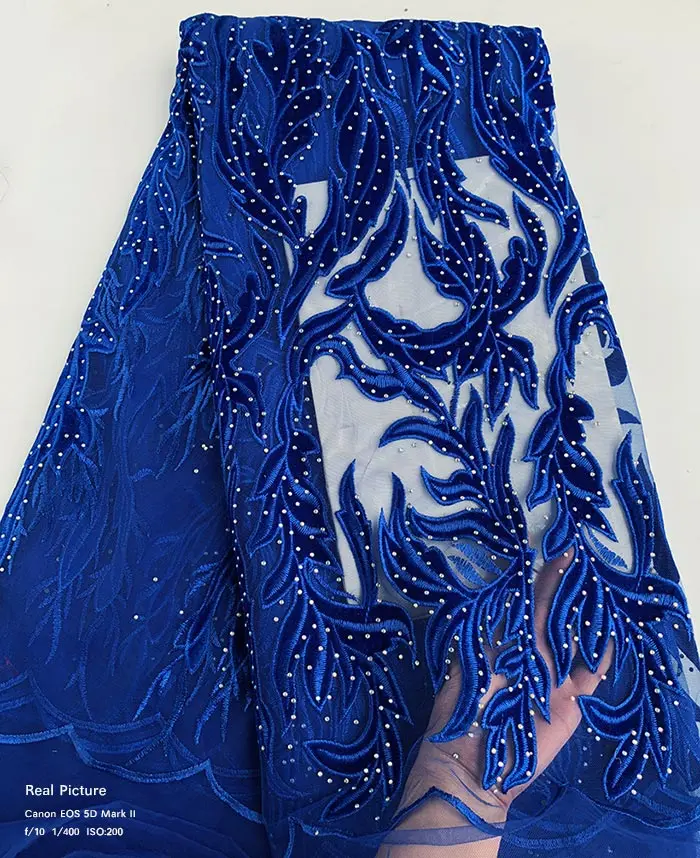 royal blue Твердо камни мягкий бархат, вышивка французского кружева в африканском стиле швейной тюль кружевной ткани высокого качества 5 ярдов - Цвет: royal blue