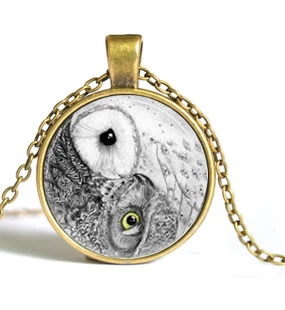 Новые горячие стеклянные купольные украшения Инь Ян Сова Ожерелье Птица