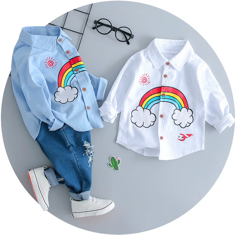 Autumn Kids Boys 2PCS Clothing Set Baby Suits Turn Down Collar Rainbow Shirt Holes Jeans Infant' Wear Casual Clothes Outfits | Детская