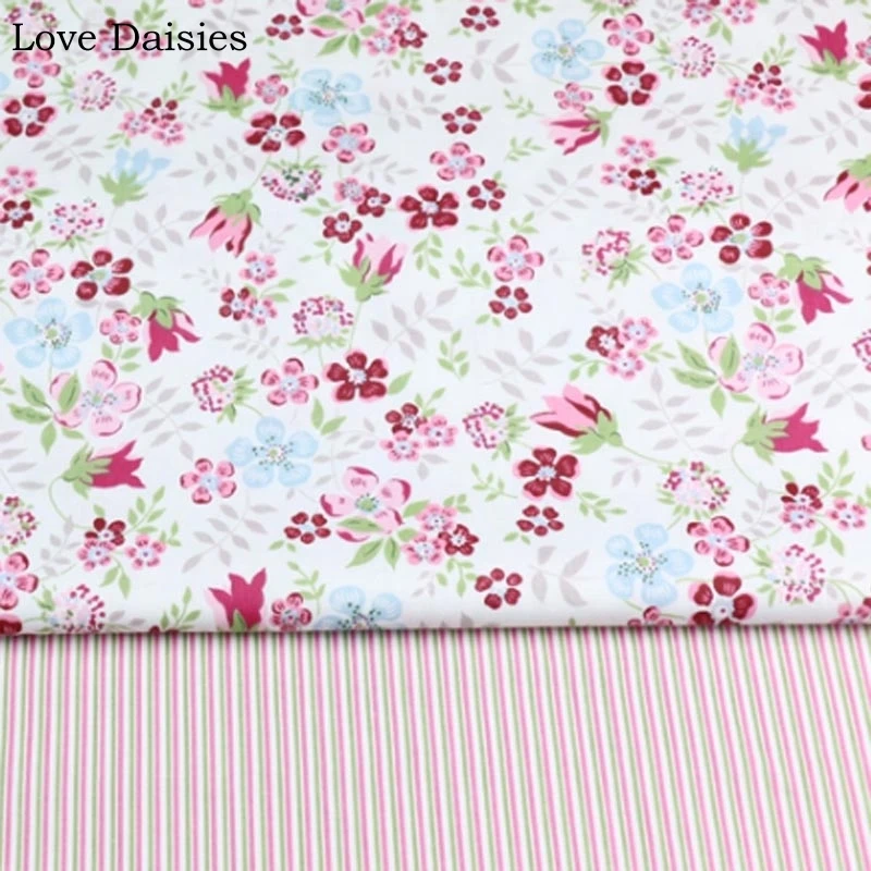 100% хлопок Twill Ткань Розовый Фуксия Синий маленькие цветы полоса ткань для DIY