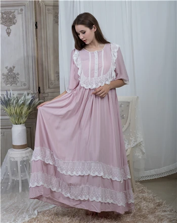 purple Свободная ночная рубашка, женская ночная рубашка с круглым вырезом, кружевная модная винтажная одежда для сна, домашняя пижама, платье длиной до лодыжки, обхват груди 115 см - Цвет: purple