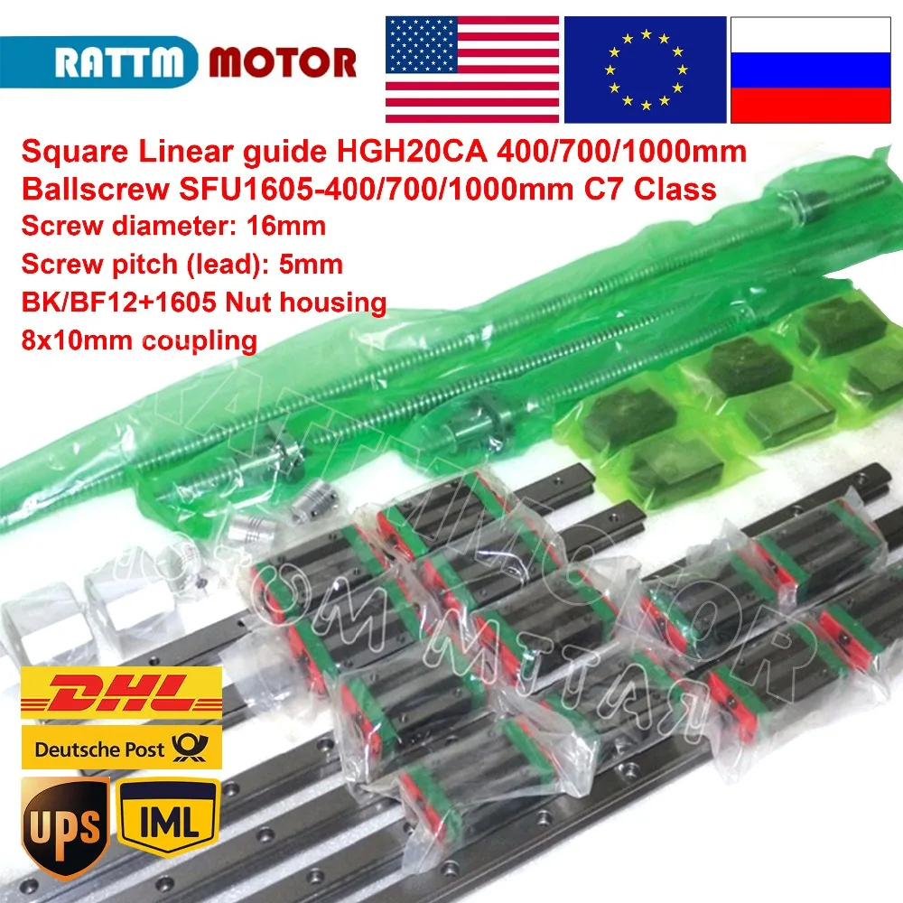 

Square 20mm Linear guide CNC Part 6pcs 400 700 1000mm Kits 3pc Ballscrew 1605-400 700 1000mm with Nut & 3set BK/B12 & Coupling