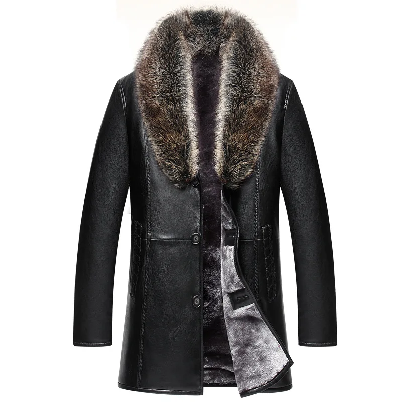

Mens Winter Leather Jackets Fur Coats 5XL Overcoat Real Raccoon Fur Collar Shearling Warm Outerwear Windbreaker Waterproof