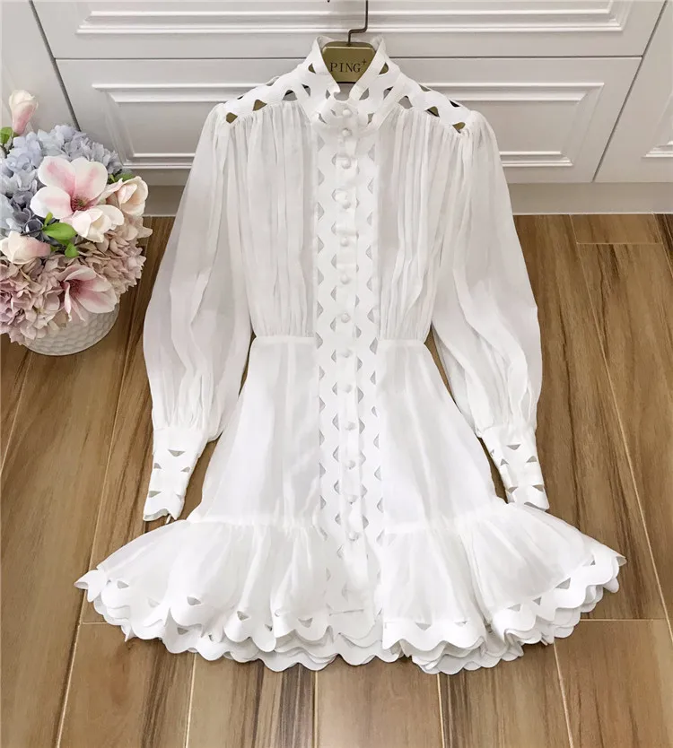 Винтажное белое/Черное мини платье русалки с рукавами фонариками и оборками