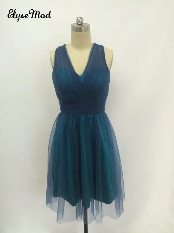 

Real Photo Tulle Bridesmaids Dress Green Teal Maid of Honor Mini Length Junior Gowns V Neck Discount Bridesmaid Dresses 2021
