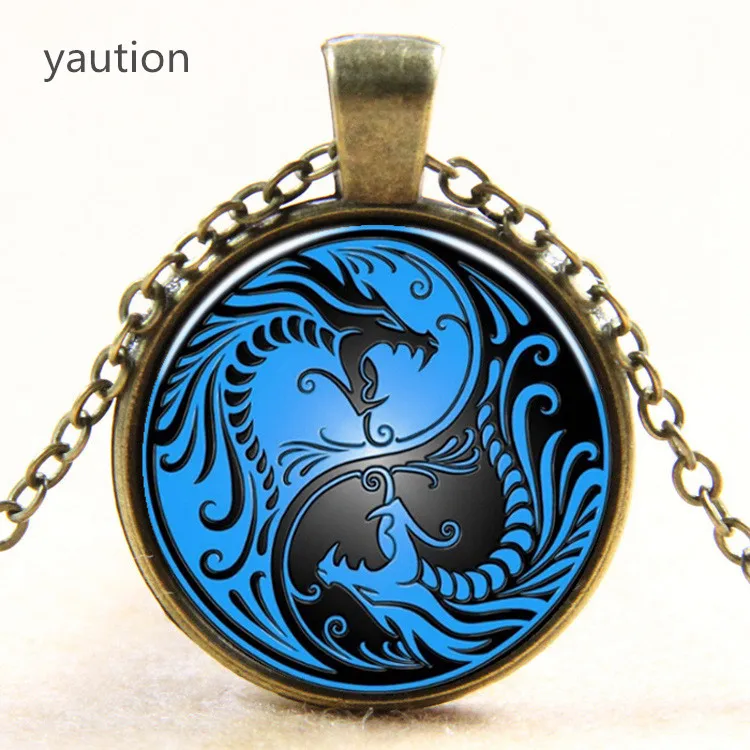 2020 новый синий дракон и Инь Ян тайцзи тайм драгоценный камень ожерелье стекло