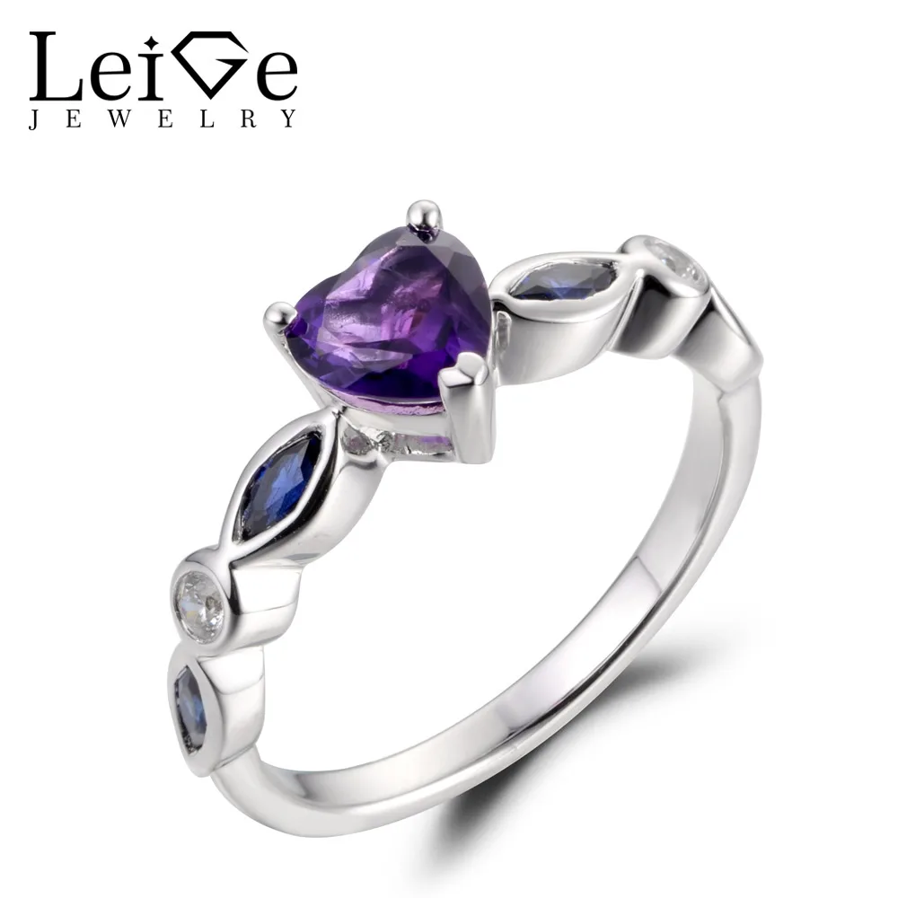 

LeiGe Jewelry Natural Amethyst Rings Unique Proposal Rings February Birthstone Heart Cut Purple Gemstone 925 Sterling Silver