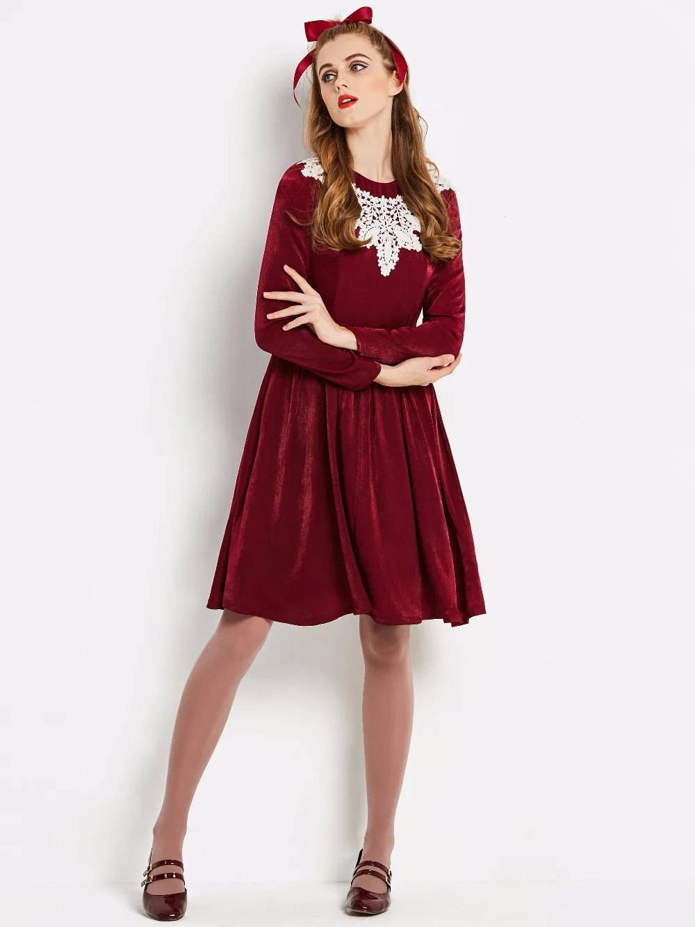 2018 Новый Осень Винтаж платье Бургундия дизайнер длиной до колен Для женщин