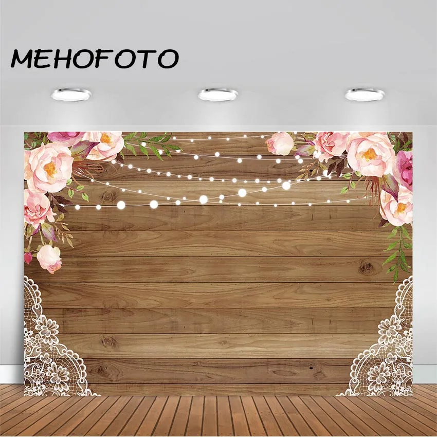 

MEHOFOTO Lace Rustic Wood Wall Backdrop Bridal Shower Wedding Background Floral Wood Board Birthday Banner Photography Backdrops