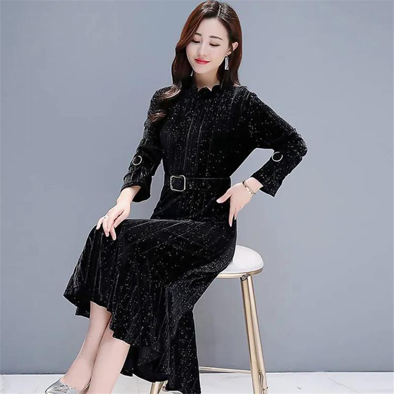 

2020 New Autumn Winter Women Elegant Gold Velvet Warm Pleated Dress With Belt Female Casual Vintage Velvet Dresses Vestido X136