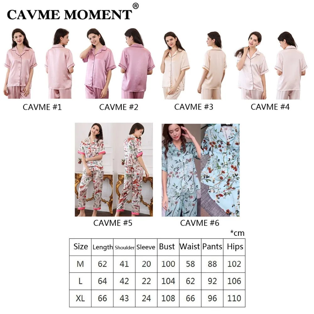CAVME Silk Pajama Sets for Women 2 Pieces Pure Silk Sleepwear Pyama Set Short Sleeve Full Pants Plus Size Printed Home Clothes