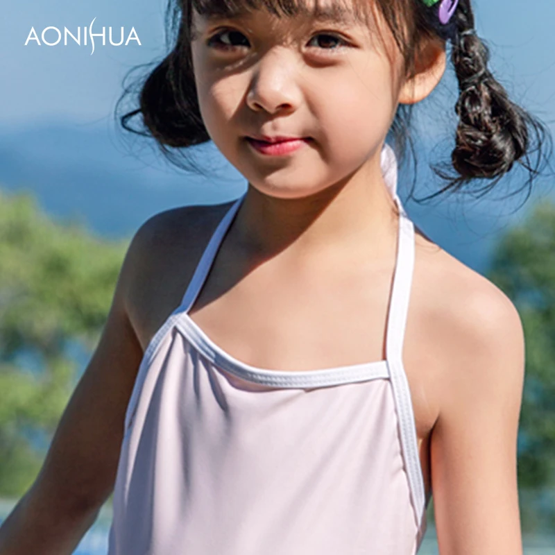 

AONIHUA Solid Color One Piece Swimsuit For Girls Swimwear Beach Bathing Suit With Swiming Cap Sleeveless Comisole Dress