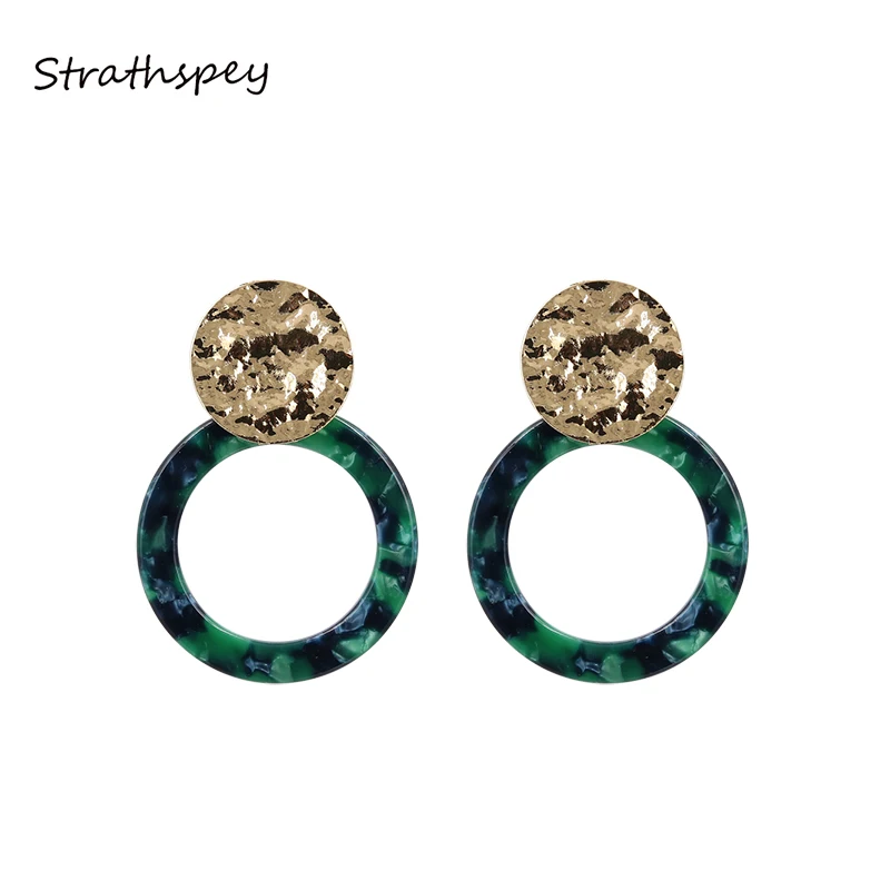 

STRATHSPEY Handmade Hammered Acrylic Earrings For Women green leopard Resin Earring vintage round earrings Fashion Jewelry
