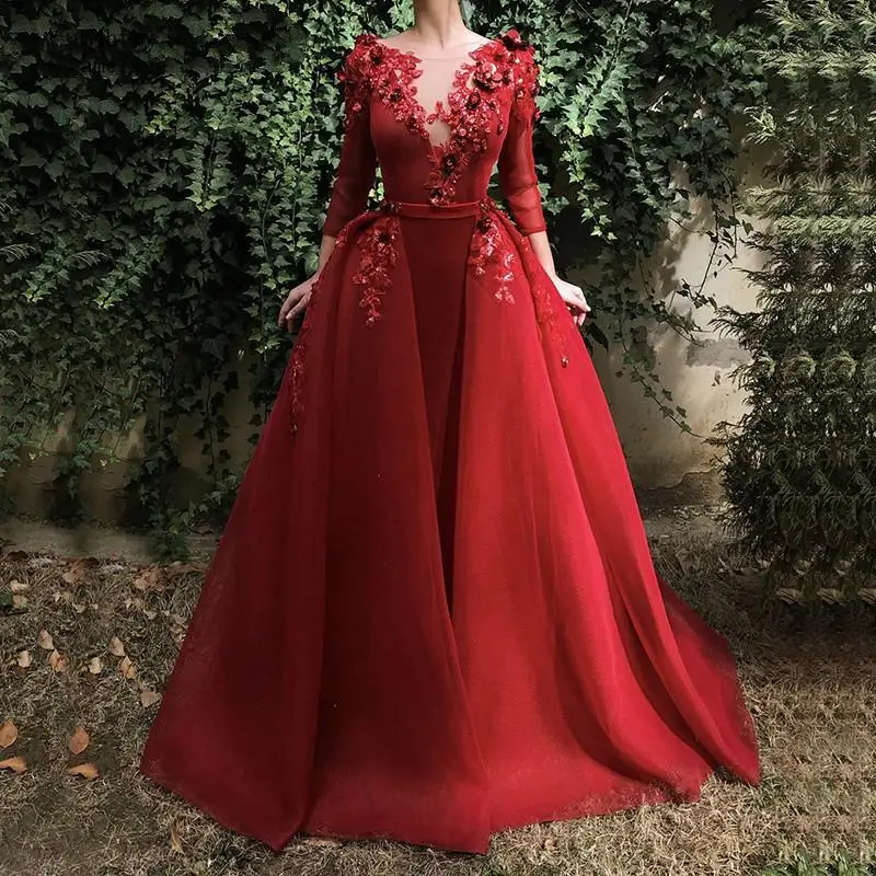 

china Red V-neck Long Sleeves Sweep Train Sexy Lace Applique Crystal Beaded Evening Dresses Vestidos De Fiesta De Noche