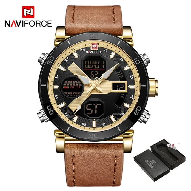 Мужские спортивные часы NAVIFORCE с кожаным ремешком, водонепроницаемые аналоговые цифровые часы, мужские кварцевые наручные часы с хронографом, мужские часы - Цвет: Gold Brown with Box