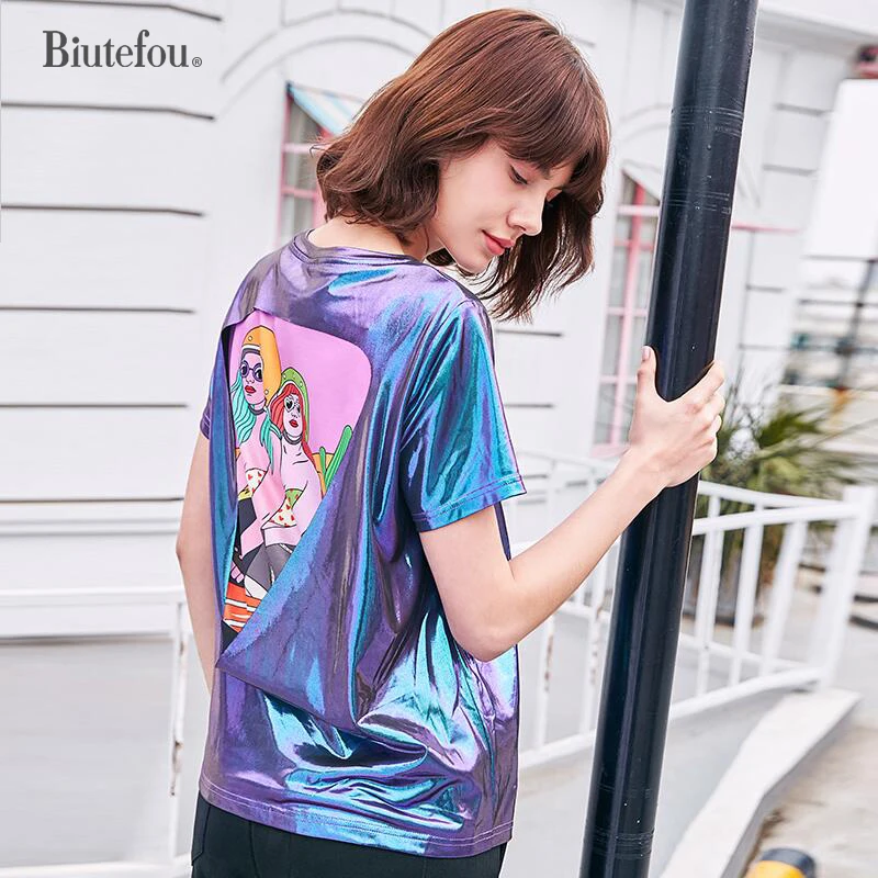 2018 летние цветные футболки с металлическим принтом женские модные лоскутные