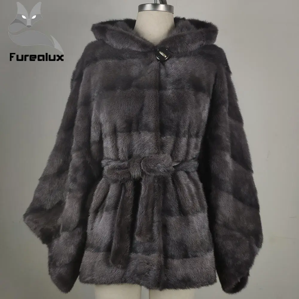Furealux натуральное меховое пальто для женщин с рукавами летучая мышь зимнее толстое теплое Норковое меховое пальто с капюшоном роскошная женская Норковая Меховая куртка