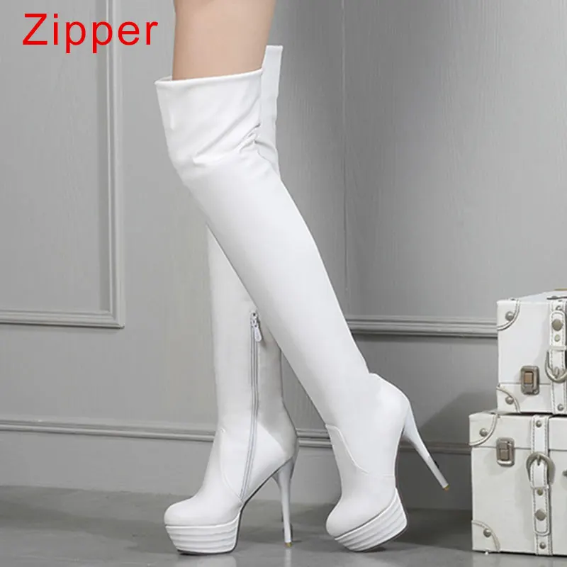 White with Zipper Taoffen/пикантные ботфорты выше колена размера плюс 33-46 женские высокие сапоги осень-зима женские бархатные сапоги на платформе - Цвет: White with Zipper