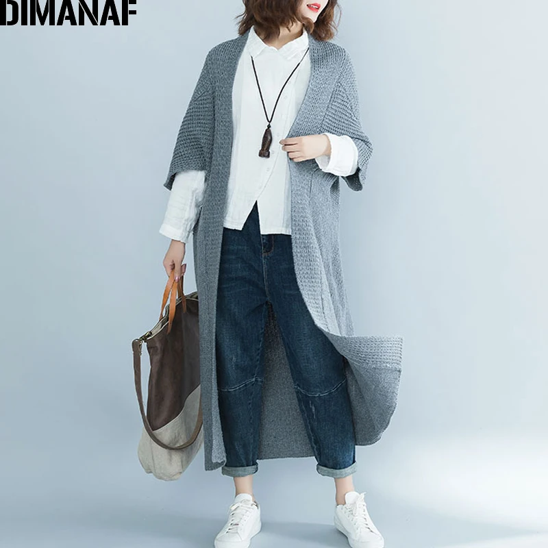 Женский длинный вязаный кардиган DIMANAF однотонный серый Свитер оверсайз