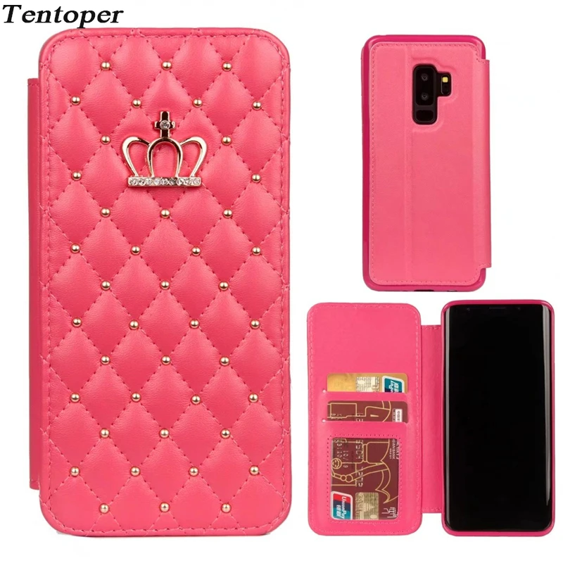 Роскошный кожаный чехол для Huawei P8 Lite P10 iphone X 8 7 6 Plus Diamond корона сетки крышка для samsung S9 S8 S7 Note8 A5