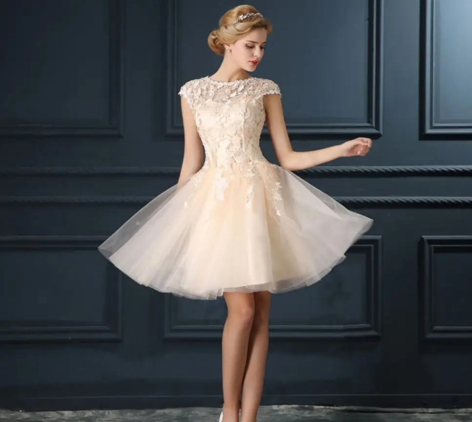 Шампанское Vestido коктейльное новинка из кружева, с вырезом на шее с короткими рукавами трапециевидной формы Серебро Цвет персиковый, красное платье для вечеринки короткое sukienka koktajlowa - Цвет: Шампанское