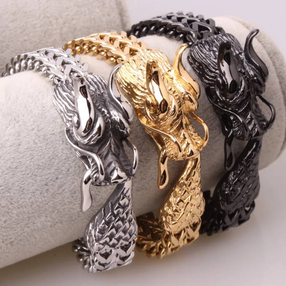 

12mm Cool Unsex's Jewelry Stainless Steel Silver Color Gold Color Black Dragon Head Figaro Chain Men's Bracelet Cuff Bangle 9"