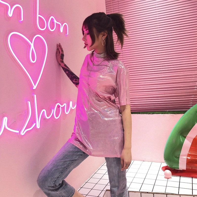 Ins Горячие Harajuku стиль с круглым вырезом короткий рукав Bling Блеск длинная футболка