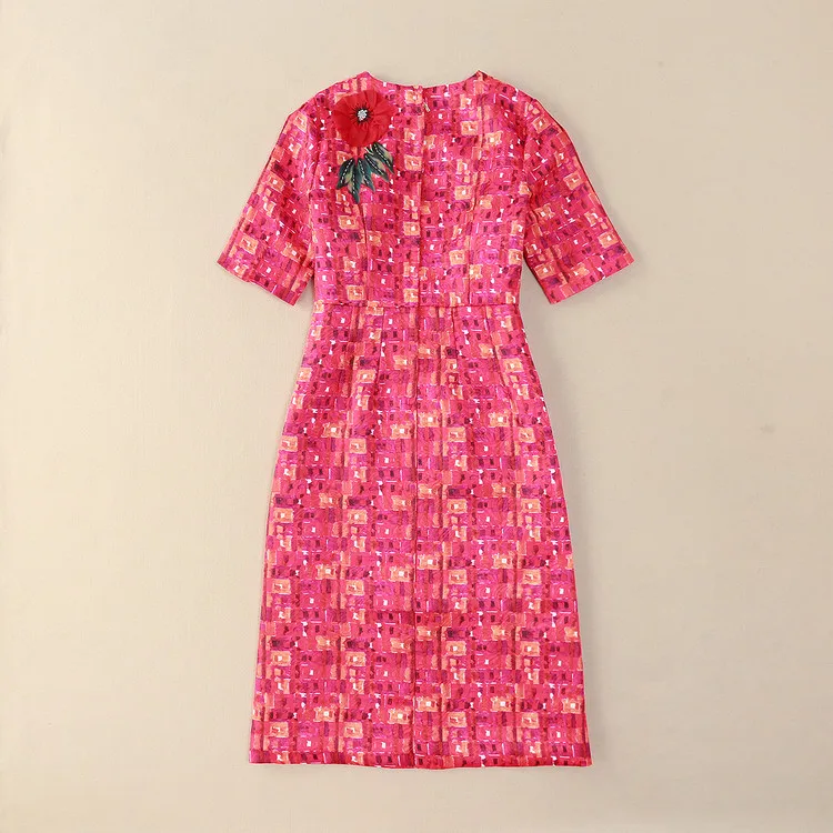 

Женское платье с аппликацией, элегантное красное платье в клетку с круглым вырезом и коротким рукавом, с трехмерными цветами, весна-лето 2018