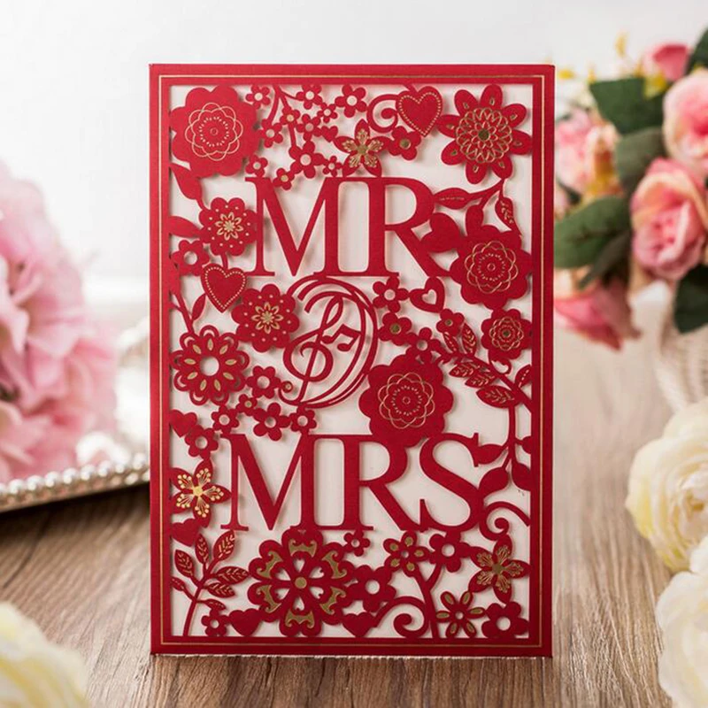 Свадебные приглашения MR & MRS Laser Cut белые золотые красные синие элегантные