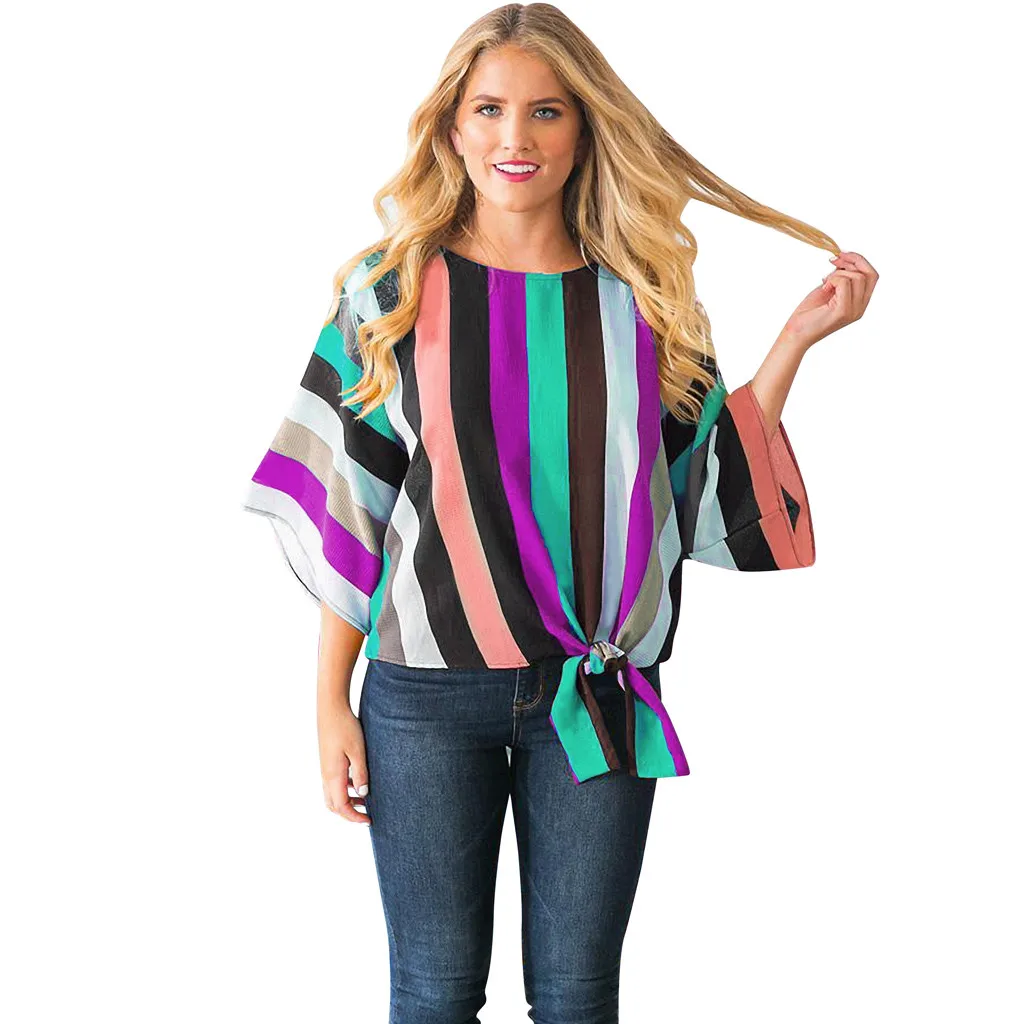 Женские футболки с рукавами колокольчиками в полоску галстуком бабочкой