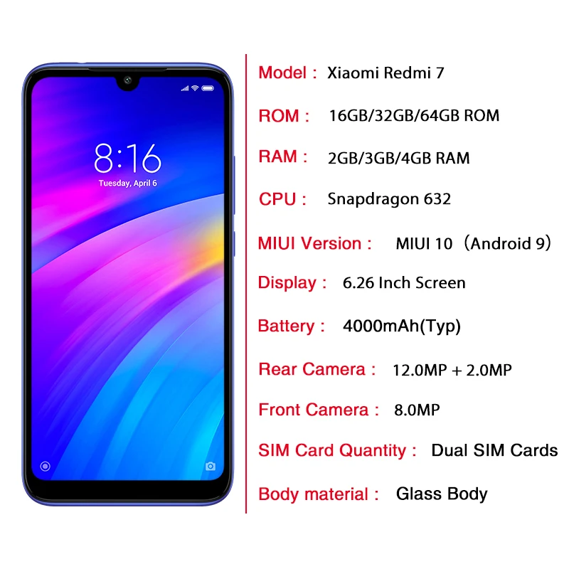 Китайская версия Xiaomi Redmi 7 Redmi7 3 ГБ + 32 мобильный телефон Snapdragon 632 12 2 мегапикселей