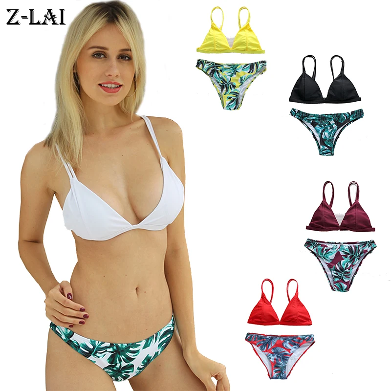 

Z-LAI 9 Colors Solid Sexy Bikinis Push Up Swimwear Women Plant Print Thong Bikini Vintage Padded Bra Swim Wear Women 2018