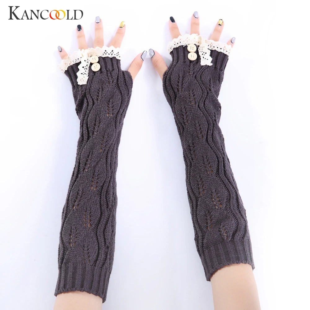 Женские зимние перчатки kancoold, теплые однотонные вязаные длинные перчатки без пальцев, кружевные новые женские перчатки 2018NOV28