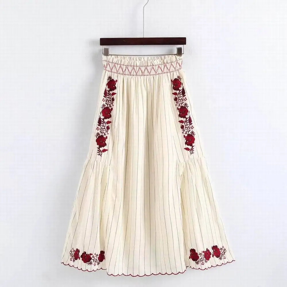 2018 Для женщин в полоску вышитые цветочные юбки эластичный пояс Онлайн Элегантный