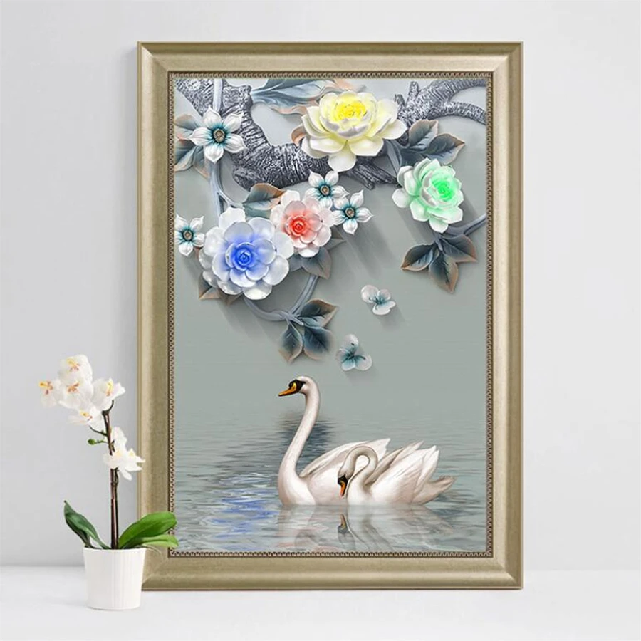 3d обои на заказ Объемные рельефные с цветами лебедем крыльцом фон для гостиной