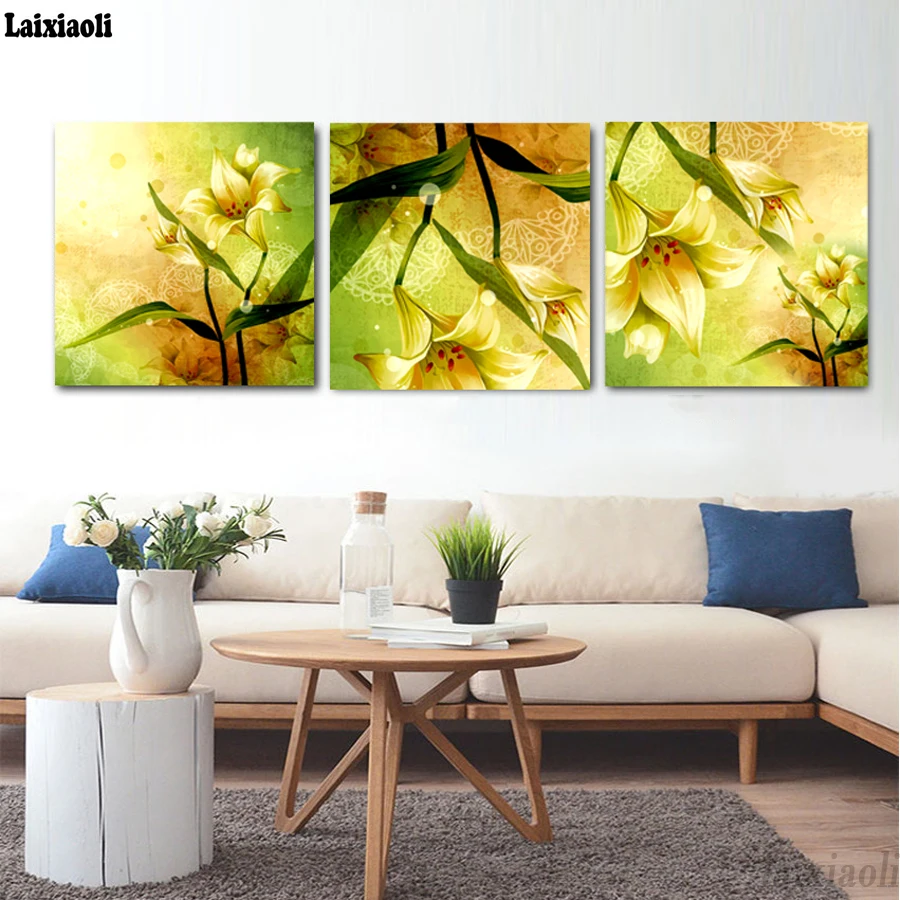 

Diamond Painting Abstract Yellow Lily flower DIY Diamond Embroidery Cross Stitch Mosaic full rhinestone Picture 3 pcs decoration