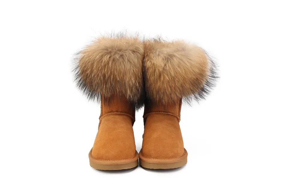MBR FORCE Fashion Women's Natural Real fox Fur Snow Boots Genuine Cow Leather women Boots Female Warm Winter Boots Shoes