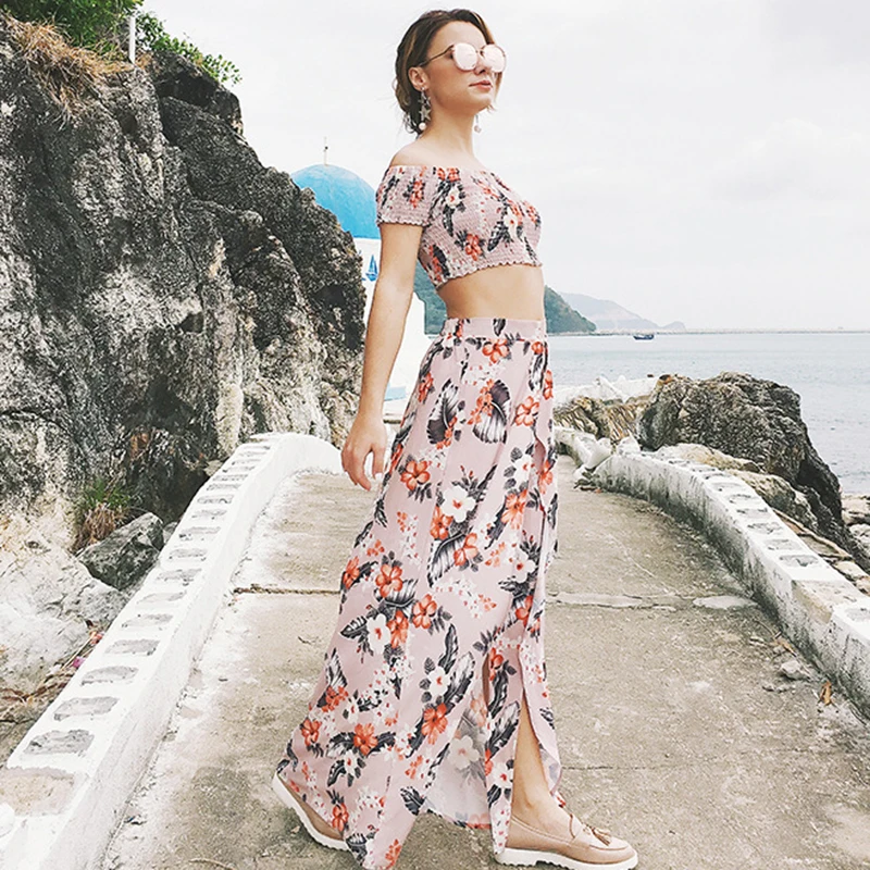 XX Стиль Бохо длинное платье с открытыми плечами летние пляжные цветочным принтом