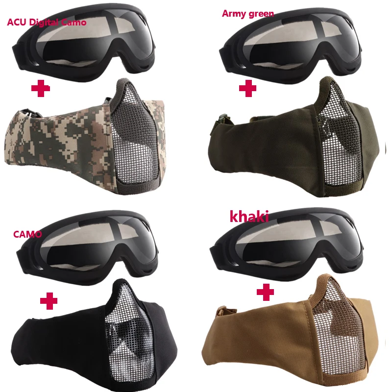 TAK YIYING Airsoft Masks Adjustable Half Metal Steel wire Mesh Face Mask with Tactical Goggles |