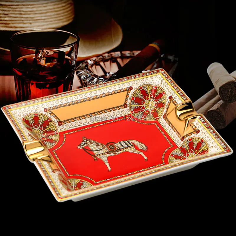 Luxiry Gadgets Retro Square Horse Pattern Red Ceramic Cigar Ashtray with 2 Rests | Ashtrays