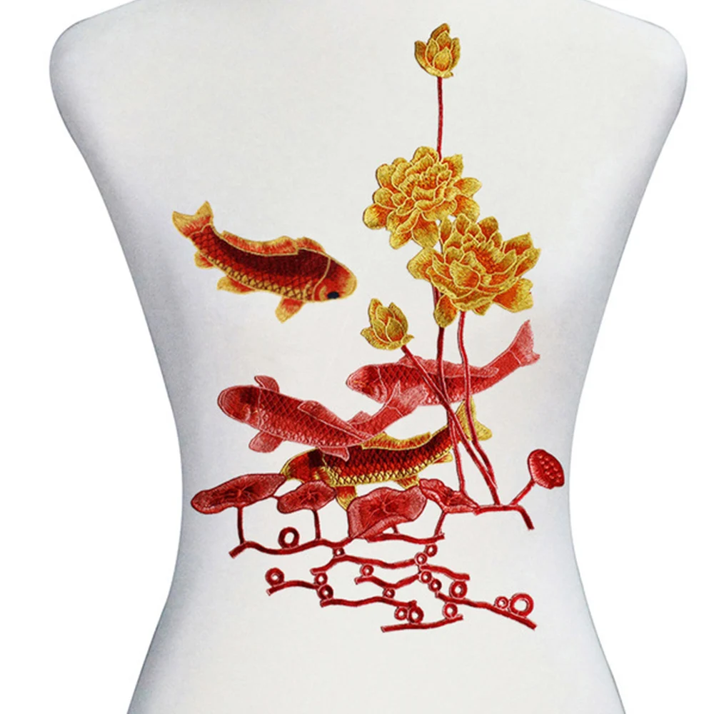 Goldfish Lotus Embroidery Lace Applique Fabric Patches Trimming Motif Scrapbooking Clothes Decorated Craft 1PC T2818 | Дом и сад