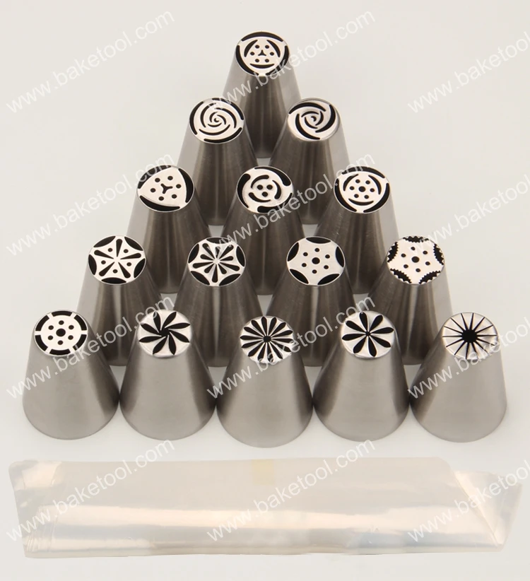 

Free Shipping 15pcs/set New Cake Decorating Russian Nozzles set with 10pcs 16"Plastic Pastry Bags(NS006)