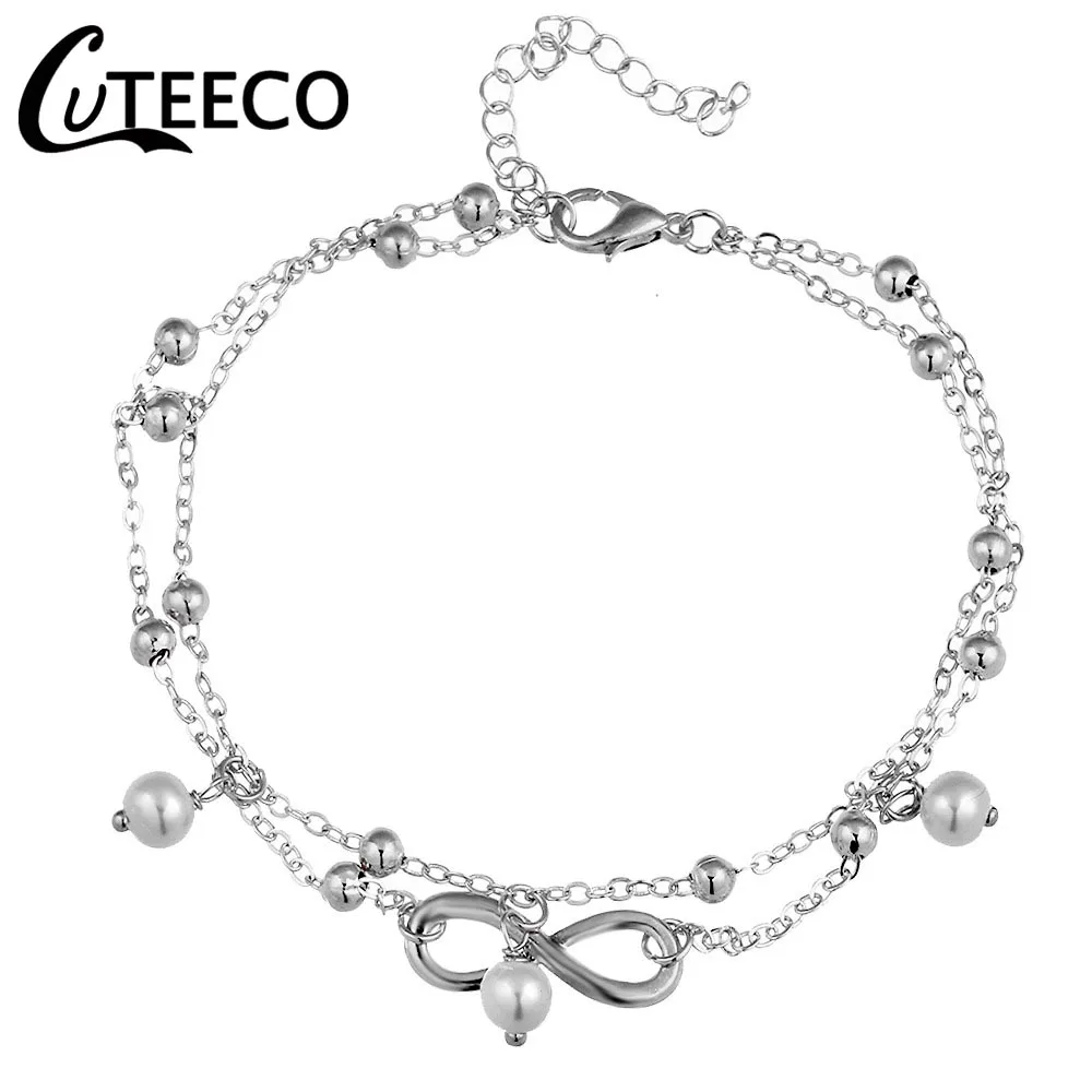 Cuteeco модное серебряное кольцо Цвет Сандалеты с перепонкой на лодыжке в Для женщин бесконечное с бусинами, в богемном стиле ботильоны браслет Cheville девочек бижутерия для ног
