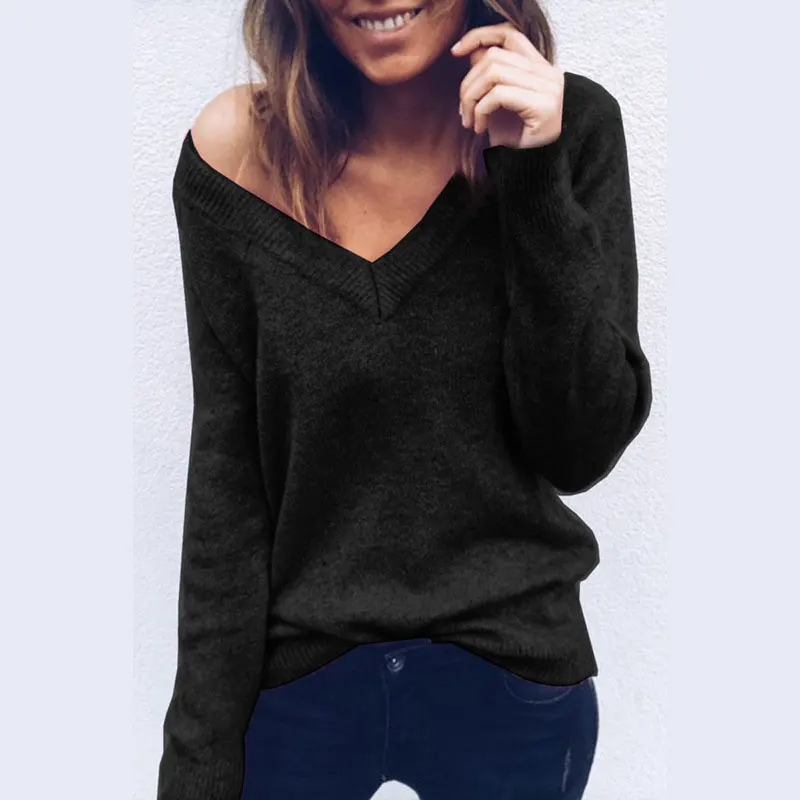 2019 autumn and winter new woolen large V-neck long-sleeved Sweater top female Solid Colors Loose Female Sweaters | Женская одежда