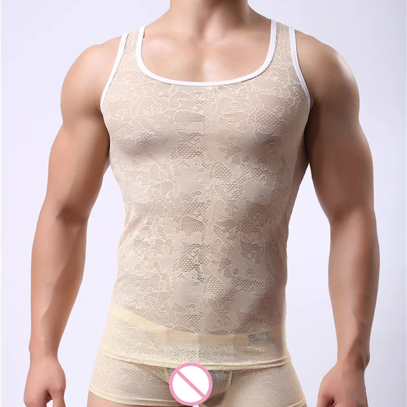 Skin(Only Tops) Сексуальные мужские трусы, сетчатые пикантные топы, футболки, прозрачные Мужские фуфайки для бодибилдинга, модные кружевные трусы - Цвет: Skin(Only Tops)