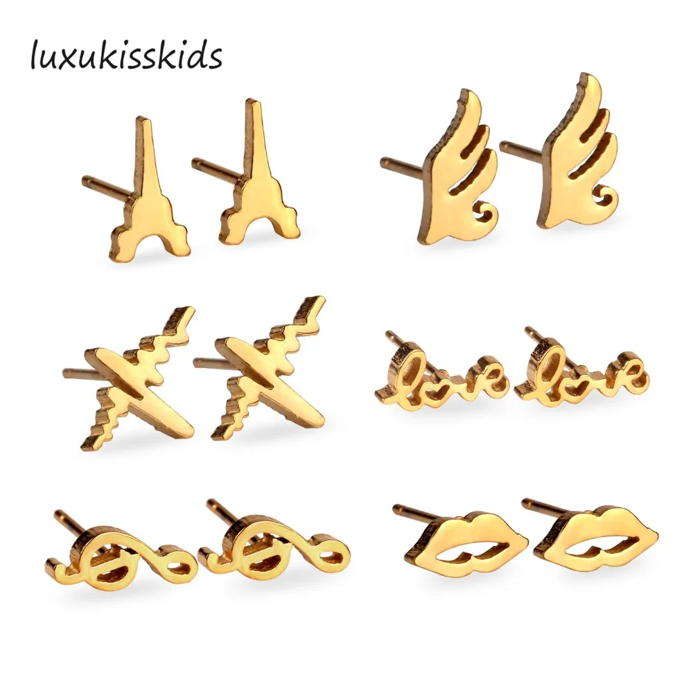 Женские серьги-гвоздики LUXUKISSKIDS сережки из нержавеющей стали различной формы