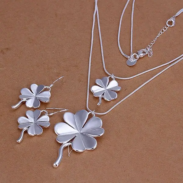 S184 Charm Silver Color 925 Jewelry Sets For Women Fashion Four-Leaved Clover Earrings Necklace /alsajcza Axkajora | Украшения и