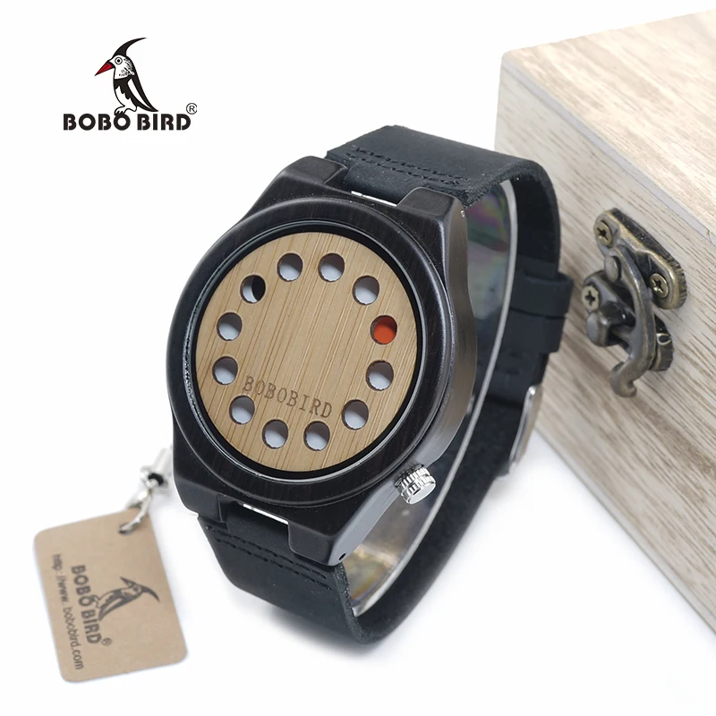 BOBO BIRD WB17 мужские часы Топ бренд класса люкс черный сандаловое дерево Бамбук 12 отверстий циферблат Кварцевые часы с реальным кожаным ремешком OEM