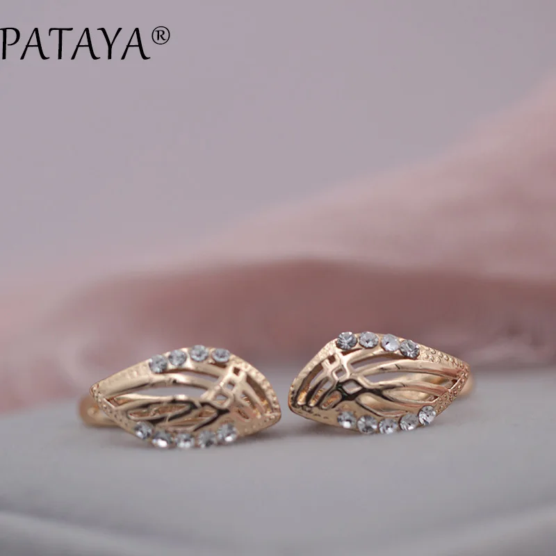 PATAYA, Новое поступление, мода 585, розовое золото, полый лист, висячие серьги для женщин, простые красивые дуговые белые круглые стразы, ювелирные изделия
